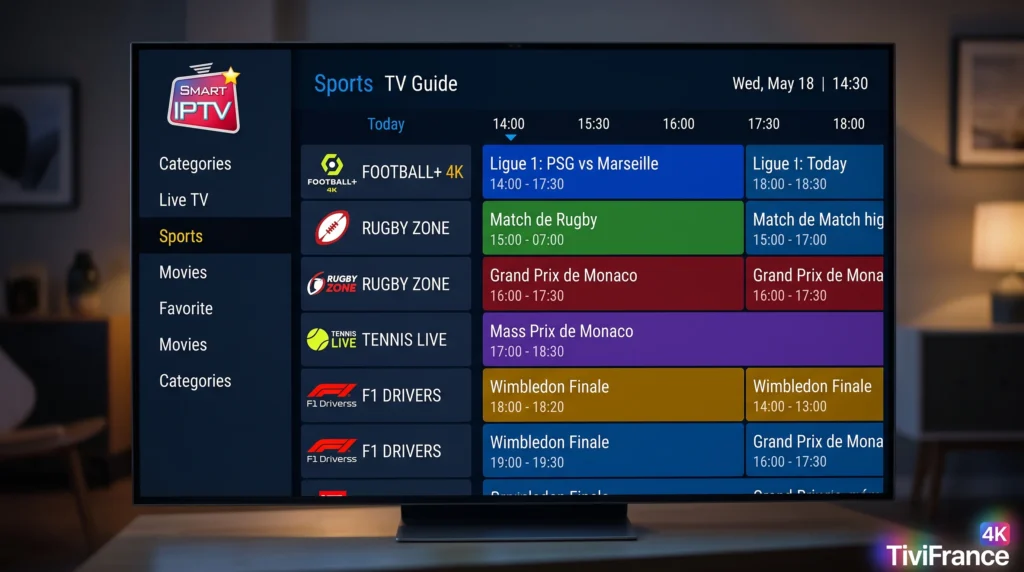 Interface de l'application Smart IPTV affichant le guide des programmes (EPG)