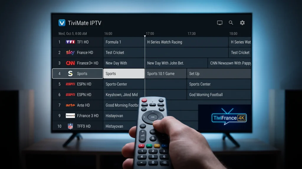L'interface premium de l'application TiviMate sur une Box Android TV.