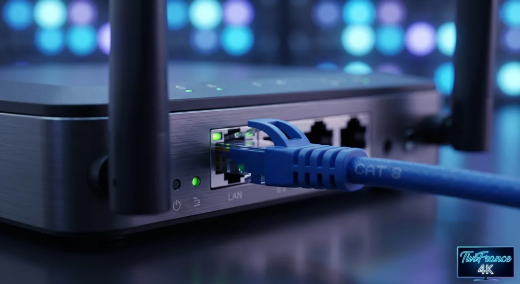 Utilisation d'un câble Ethernet pour assurer une connexion IPTV 4K stable.