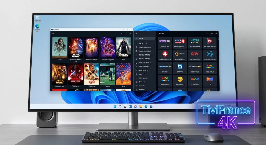 Interface d'un lecteur IPTV moderne sur un PC sous Windows 11 avec TiviFrance 4K.IPTV PC gratuit