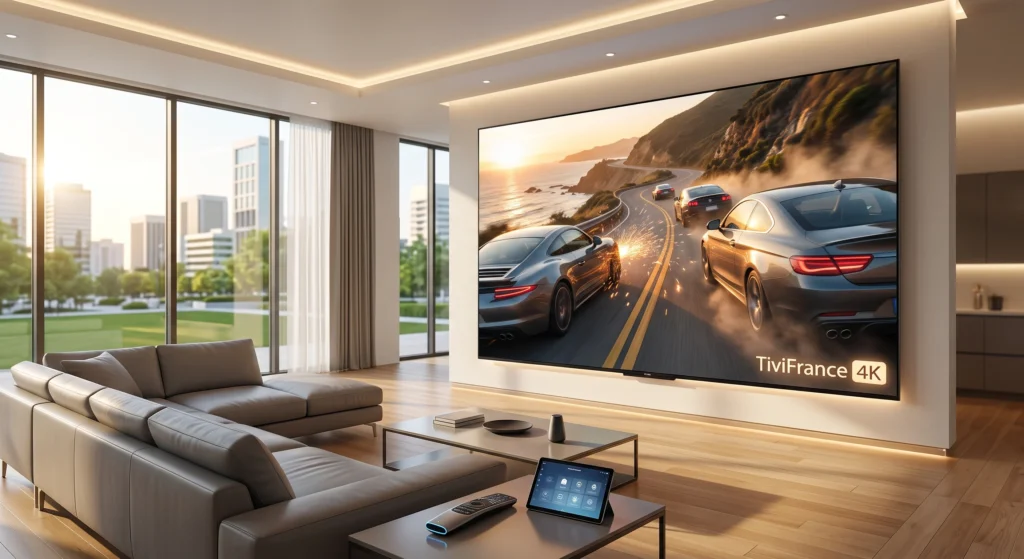 Un salon moderne en 2026 équipé d'une télévision diffusant un abonnement IPTV Premium TiviFrance4K.