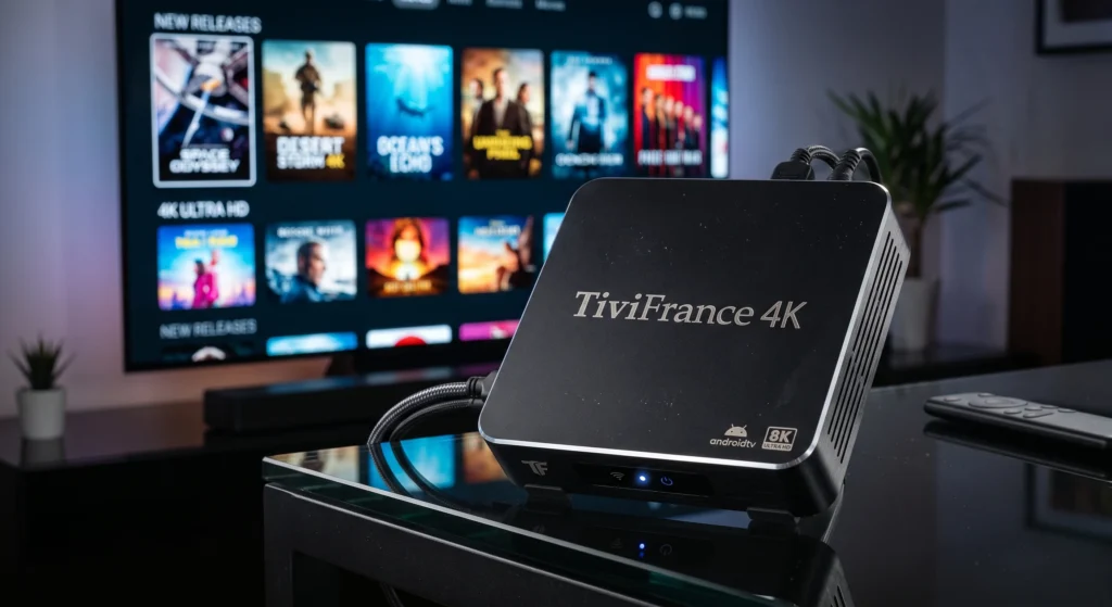 Une Box Android 4K performante configurée avec l'abonnement IPTV Premium TiviFrance4K.