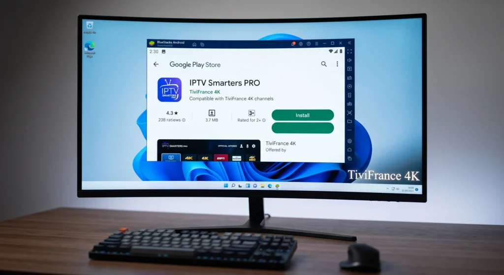 Téléchargement d'IPTV Smarters Pro via l'émulateur BlueStacks sur PC.