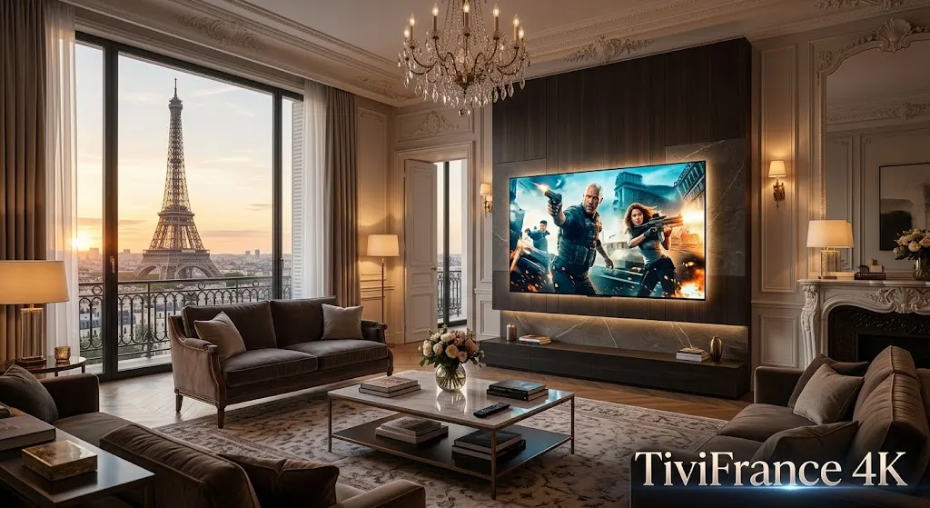 Salon moderne en France équipé d'une Smart TV diffusant le service Premium TiviFrance4K.