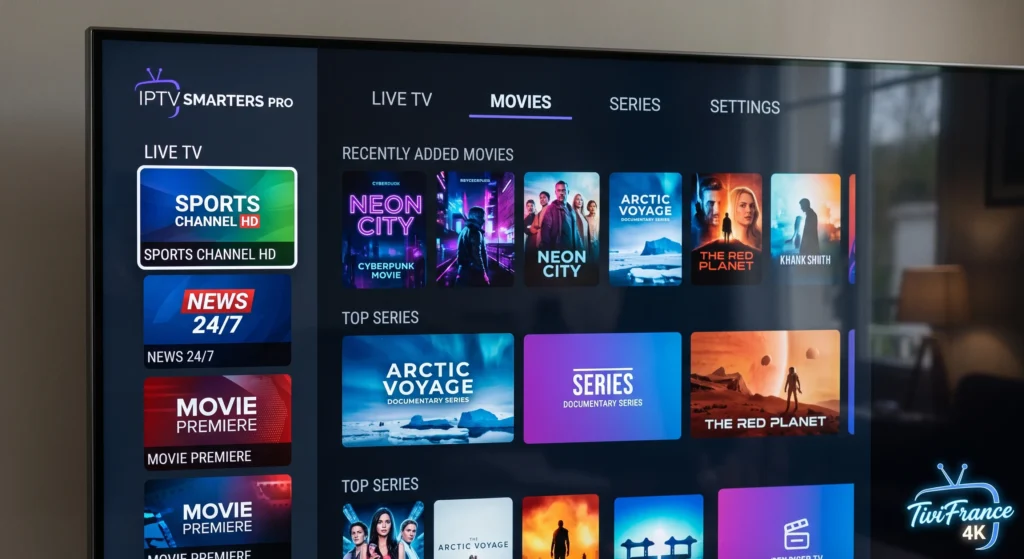 L'interface moderne et épurée de l'application IPTV Smarters Pro.