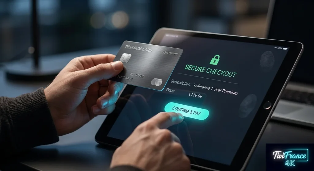 Le paiement sécurisé en ligne d'un abonnement IPTV annuel Premium.