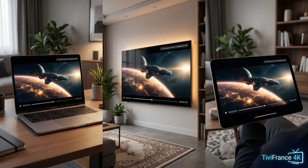 Le même compte IPTV configuré sur une Smart TV, un PC et une tablette.