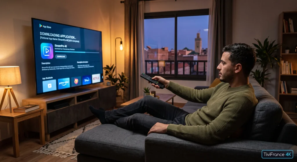 Installation de l'application IPTV sur une télévision intelligente depuis le salon.